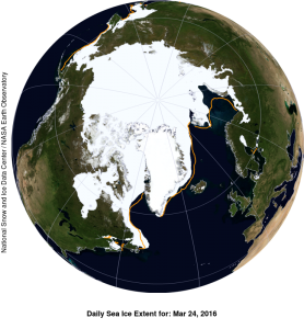 This NASA Blue Marble image shows Arctic sea ice extent on March 24, 2016. Credit: National Snow and Ice Data Center/NASA Earth Observatory.