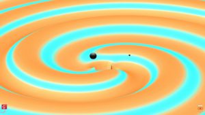 Ilustración de una fusión de dos agujeros negros, que genera ondas gravitacionales como las detectadas ahora. / University of Maryland