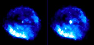 Imágenes en rayos X del remanente de la supernova RCW103, con el magnetar brillante en el centro. Izquierda: datos de observaciones entre 2011-2015. Derecha: datos de la erupción de 2016. / Imagen: CSIC
