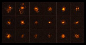 Este mosaico muestra 18 de los 19 cuásares observados por un equipo internacional de astrónomos, liderado por el ETH Zúrich (Suiza). Cada cuásar observado está rodeado por un brillante halo de gas. Es la primera vez que un sondeo de cuásares muestra este tipo de halos brillantes alrededor de todos los cuásares observados. El descubrimiento se hizo utilizando el instrumento MUSE, instalado en el VLT (Very Large Telescope) de ESO./ Crédito: ESO/Borisova et al.