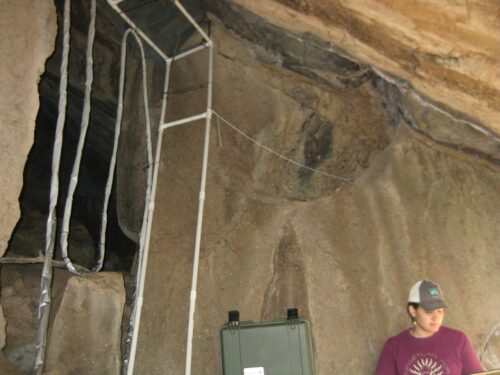 Colocando y probando el detector de PIT en la entrada de la cueva de Leptonycteris nivalis en Big Bend National Park, Texas.