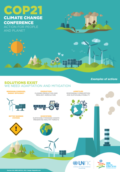 Infográfico mostrando ejemplos de las acciones para adaptarnos y mitigar el impacto del cambio climático. Foto de United Nations